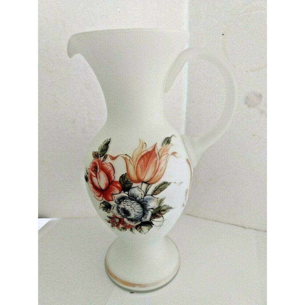 Antique Satin White Opalescent Art Glass Pitcher with frosted handle 9 1/2" Tall